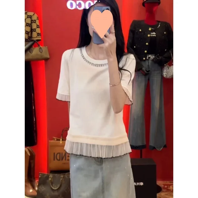 Модная футболка с сетчатыми вставками и коротким рукавом женская летняя Новинка