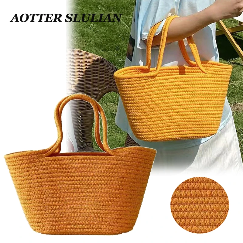 

Women Solid Color Handbag Beach Bag Rattan Woven Handmade Knitted Straw Large Capacity Tote Women Hollow Out Single Shoulder Bag