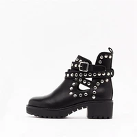 women ankle boots pu black round toe thick sole rivets buckle punk style classic fashion street outdoor daily women shoes kc133