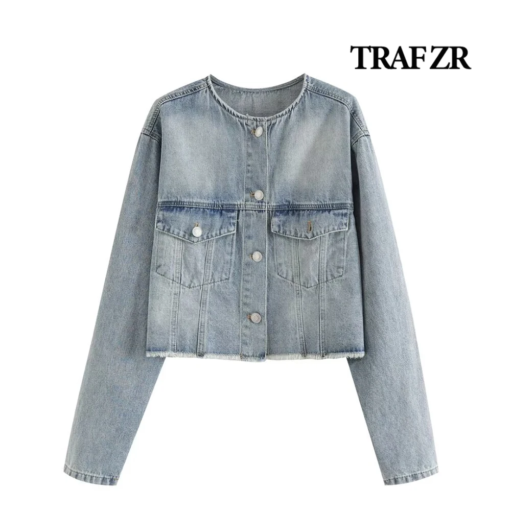 Классические женские джинсовые куртки TRAF ZR с О-образным вырезом укороченный