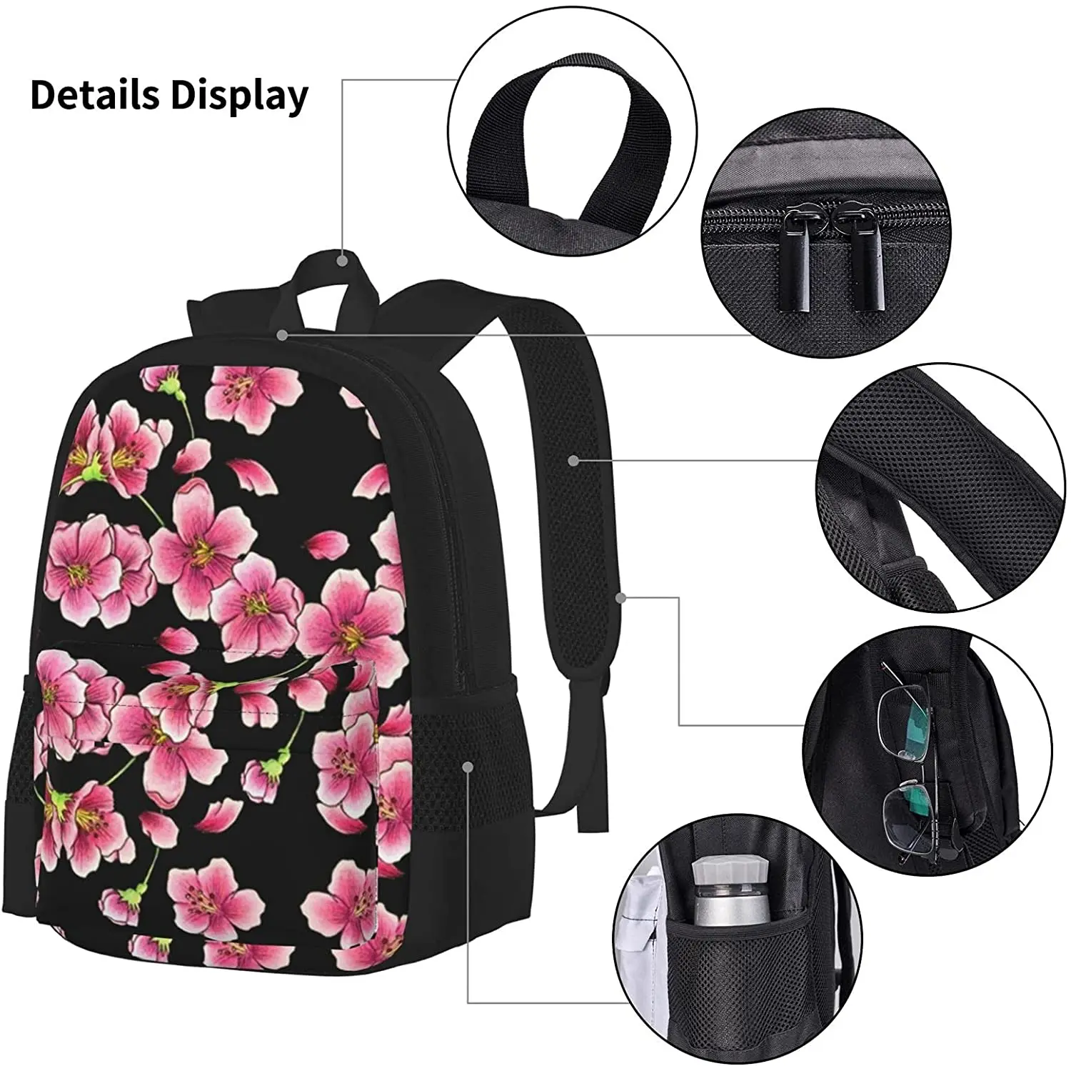 Cherry Blossoms On Black Backpack Set 3-Piece Teen Boys Girls Backpack Messenger Lunch Bag Pencil Case Set