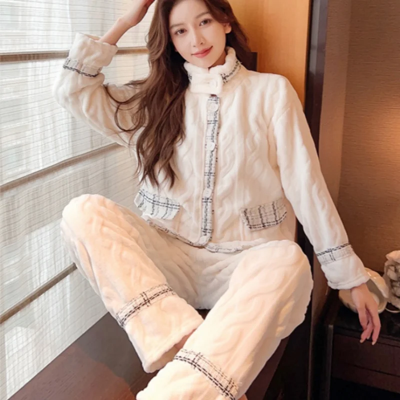 

Зимняя женская пижама QSROCIO с фланелевыми вставками, однотонная утепленная Домашняя одежда с воротником-стойкой и длинным рукавом и карманами, роскошная стильная теплая Пижама