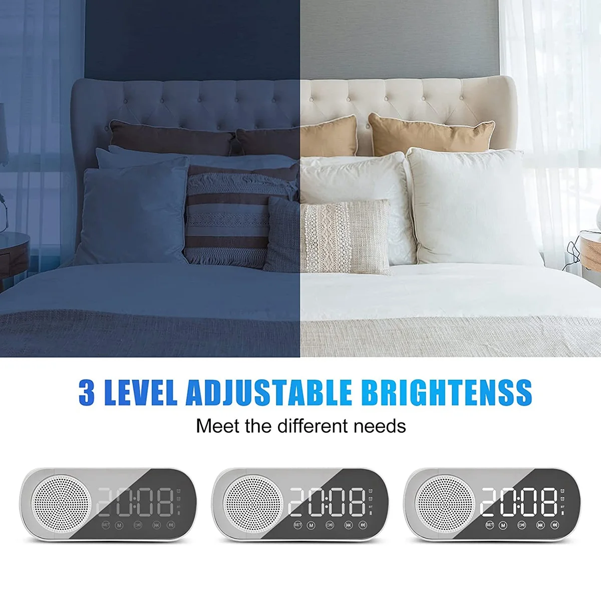 Цифровой будильник светодиодный с FM-радио и Bluetooth-динамиком 3 режима яркости для