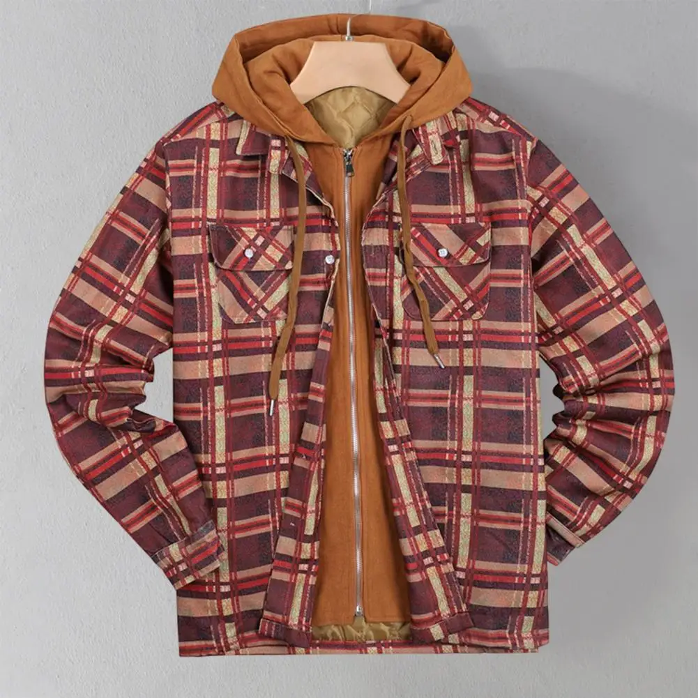 Popular Winter/Autumn Men's Jacket Plaid Hooded Long Sleeve Cotton Padded Fake Two Piece Thicken Hoodie Jacket Streetwear