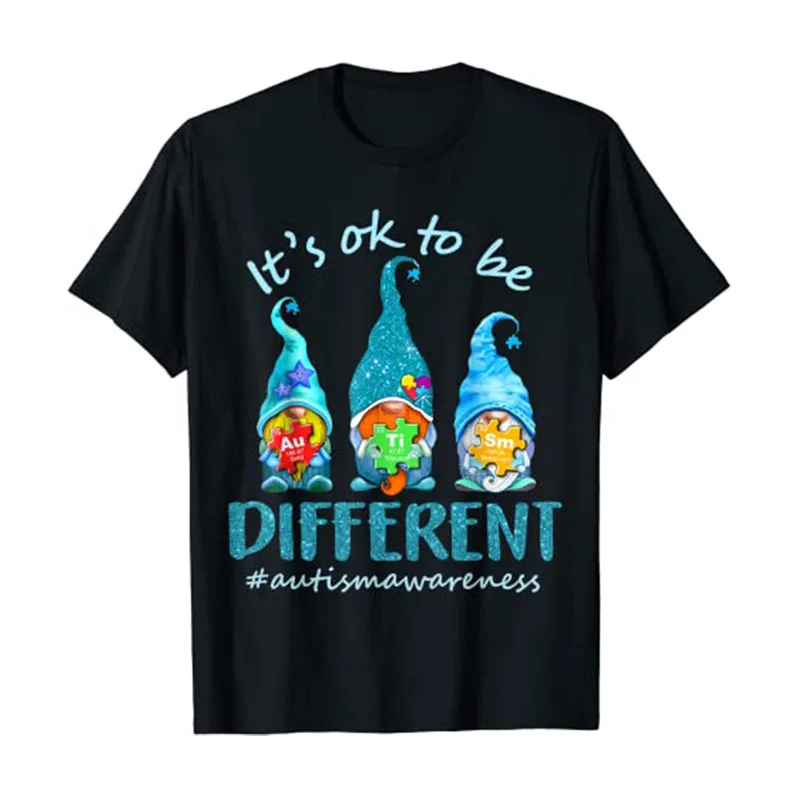 

It's Ok To Be Different Autism Awareness Gnomes T-Shirt In April We Wear Blue Clothes Autism-Support Apparel Sayings Quote Tees