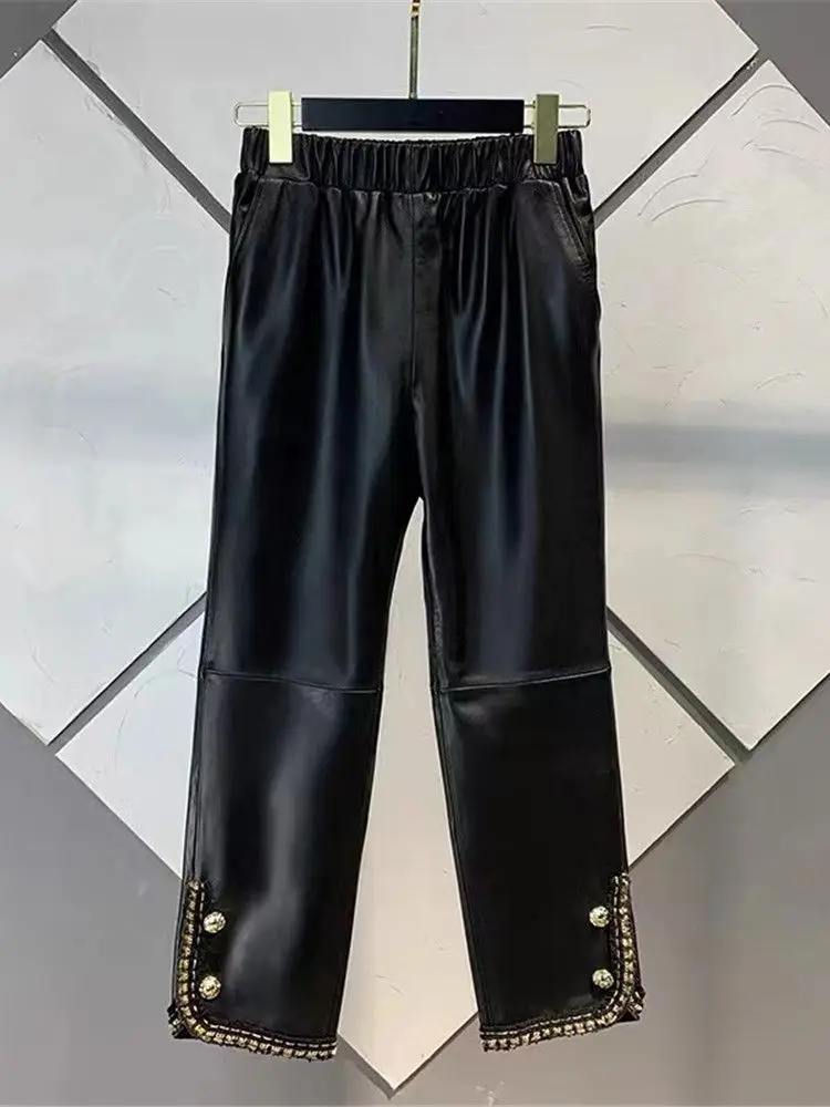 Real leather pants high waist Chains Stitching Genuine sheep Leather pants female  was thin leather pants with pockets wy952