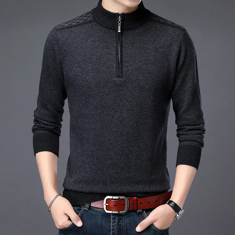 sweater Cashmere men's 100 pure wool semi-turtle neck zipper thickened business casual knitted sweater