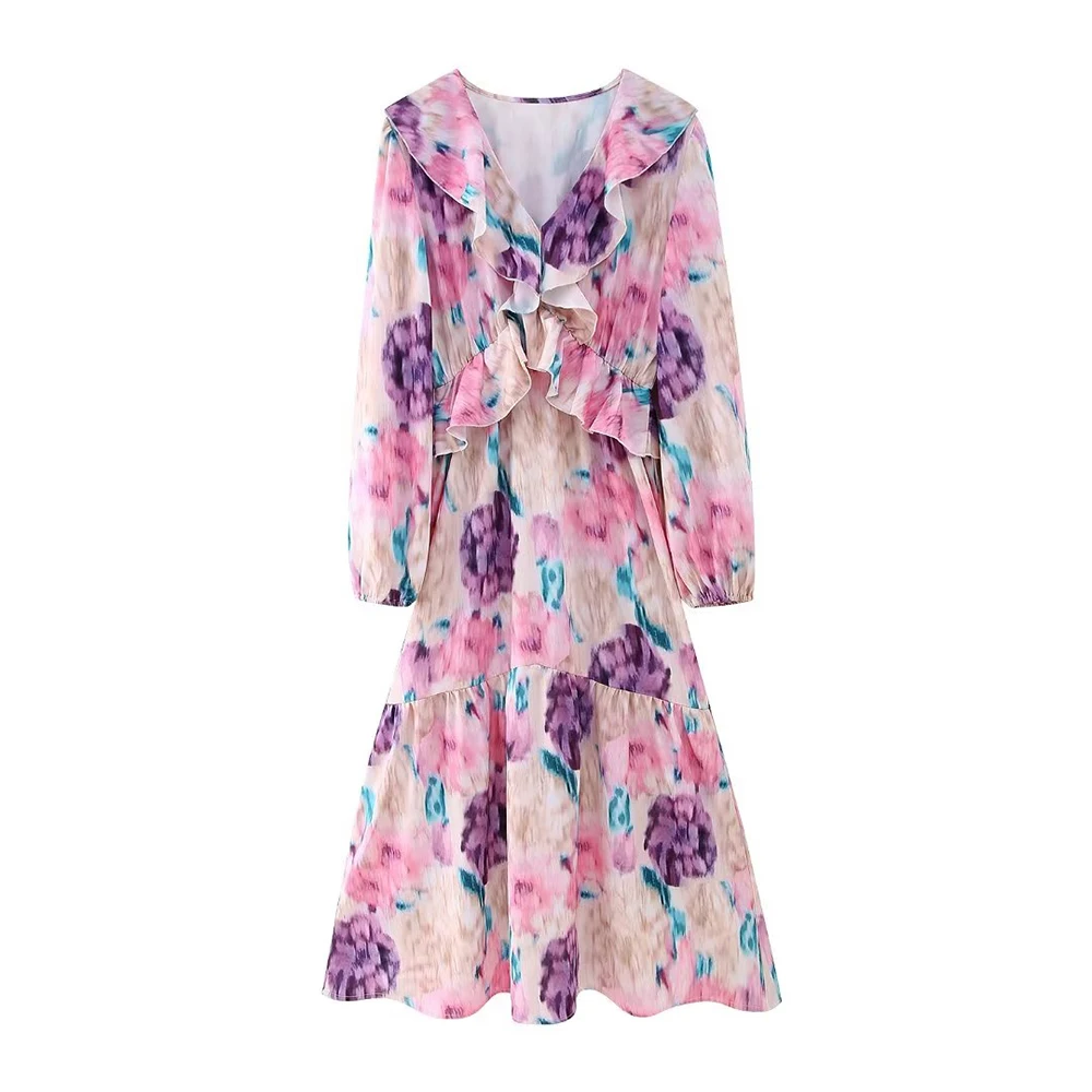 

PB&ZA Elegant Women Dresses Print Long Sleeve RUFFLES V-neck Lady Long Dresses Mujer Vestidos Beach Outfits Female Clothing