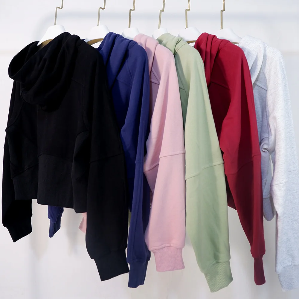 Full-Zip Hoodie Scuba Oversized Hoodie Waist Length Jackets Sweatshirts Soft Thumbholes Leisure Yoga Coat