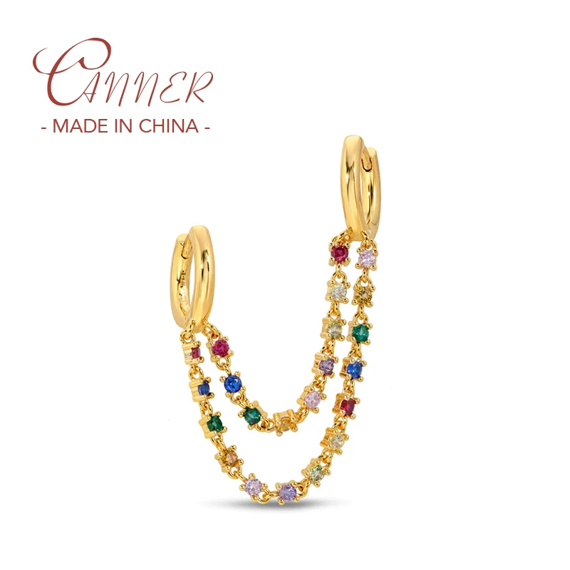 

CANNER 1PC Colorful Crystal Double Layer Chain Pendant Hoop Earrings For Women Two Hole Copper Earrings Fashion Jewelry Gift