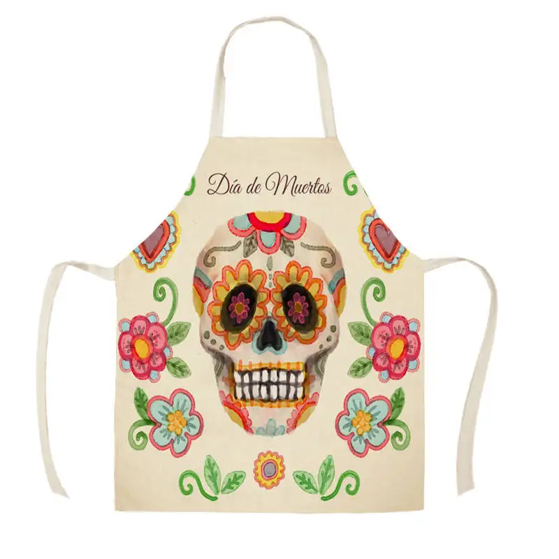 

Женский Кухонный Фартук из хлопка и льна, дизайнерские фартуки для шеф-повара без рукавов с черепом на Хэллоуин, кухонные принадлежности, ра...