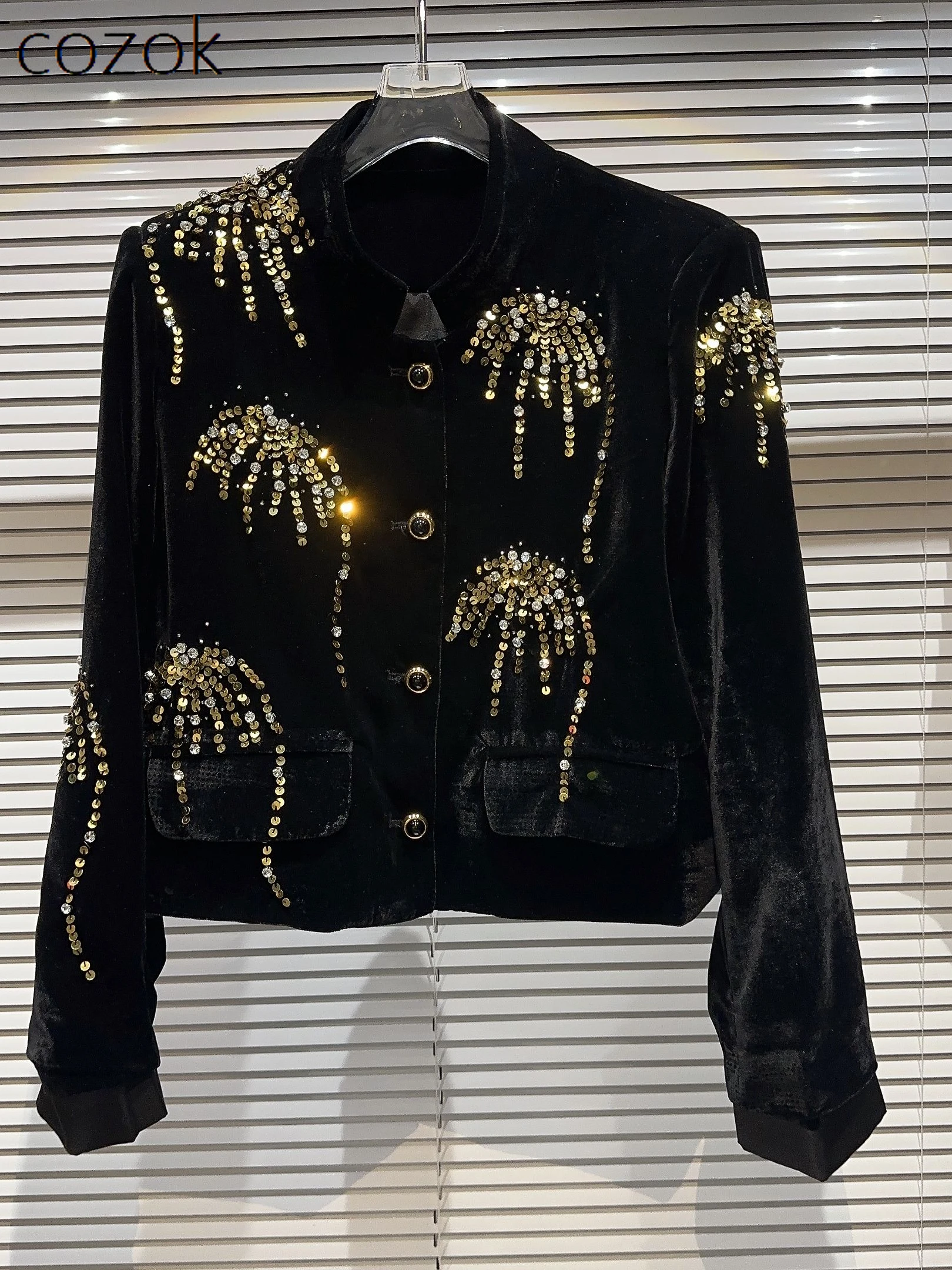 

Autumn Fashion Sequins Fireworks Pattern Velvet Elegant Socialite Coat Loose Long Sleeve Stand Collar Jackets Commuter Jacket