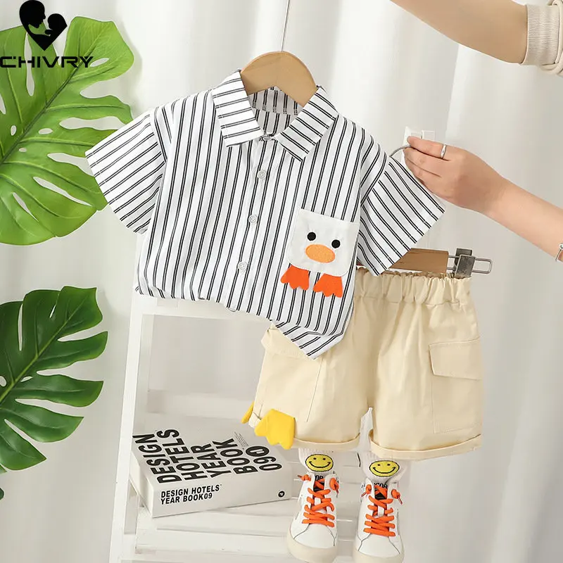 

Boys Summer Clothing Suit New 2023 Baby Boy Short Sleeve Lapel Cartoon Duck Striped Shirt with Shorts Kids Fashion Clothes Sets
