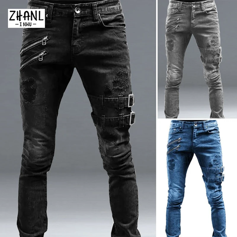 Harajuku Streetwear Male Jeans Men Biker Long Denim Trousers Slim Pants Students Daily Casual Ripped Jeans Black Youth Clothes