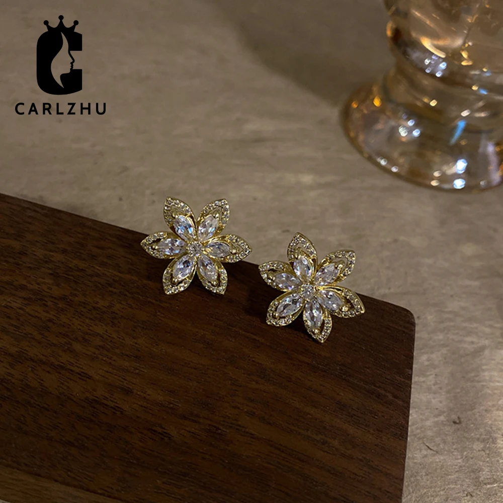 

Luxury Gold Plated Cubic Zirconia Flower Stud Earrings Vintage Wedding Bridal Jewelry Earrings For Women Gift