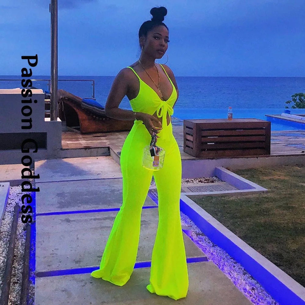 

Summer Women Fluorescent Slim Jumpsuits Hollow Out Bandage Rompers Sleeveless Bow Strap Flare Jumpsuits Femme Longue Overalls
