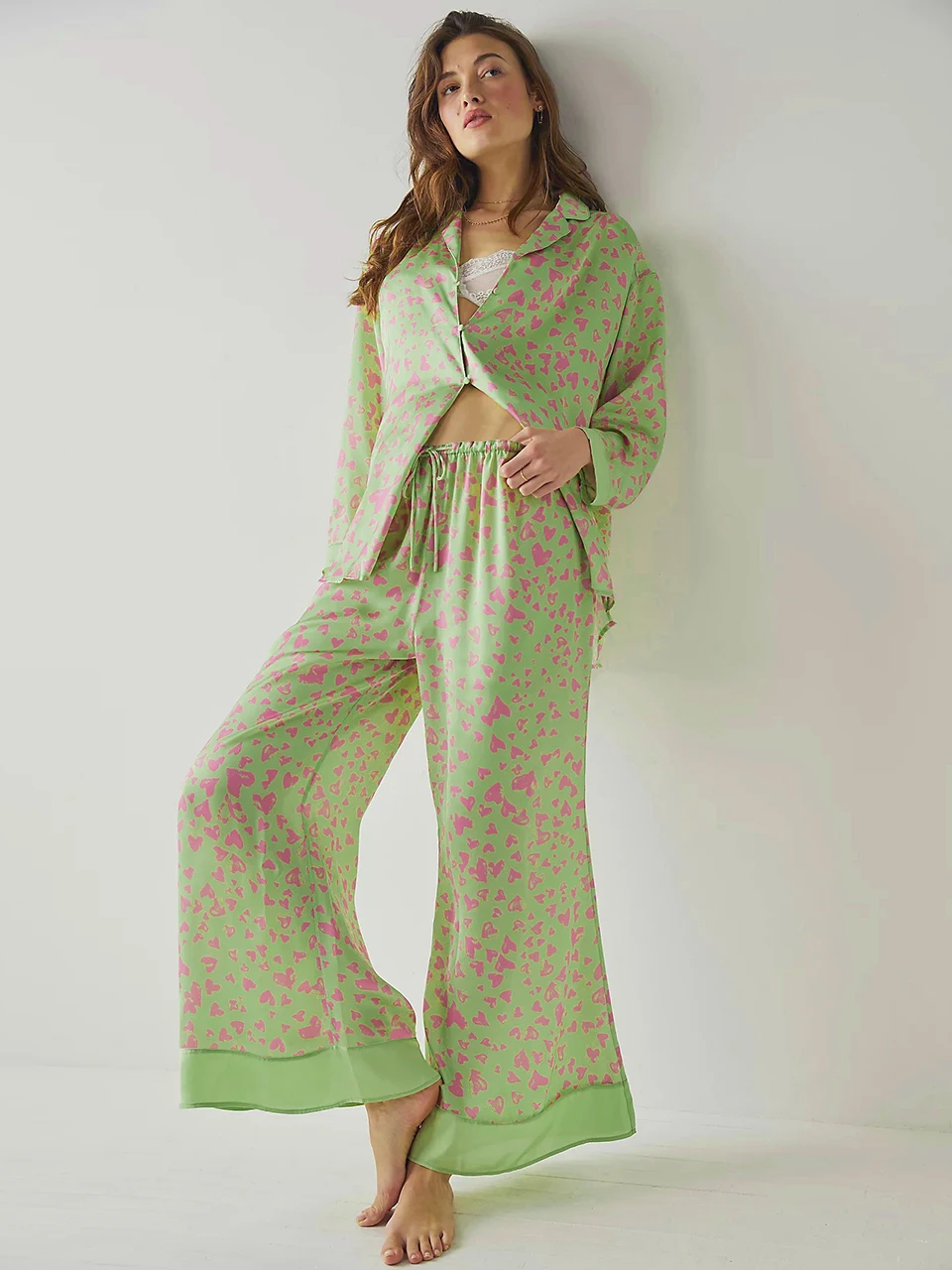 

Linad Print Pajamas For Women 2 Piece Sets Loose Long Sleeve Sleepwear Female Casual Trouser Suits Summer Fashion Nightwear