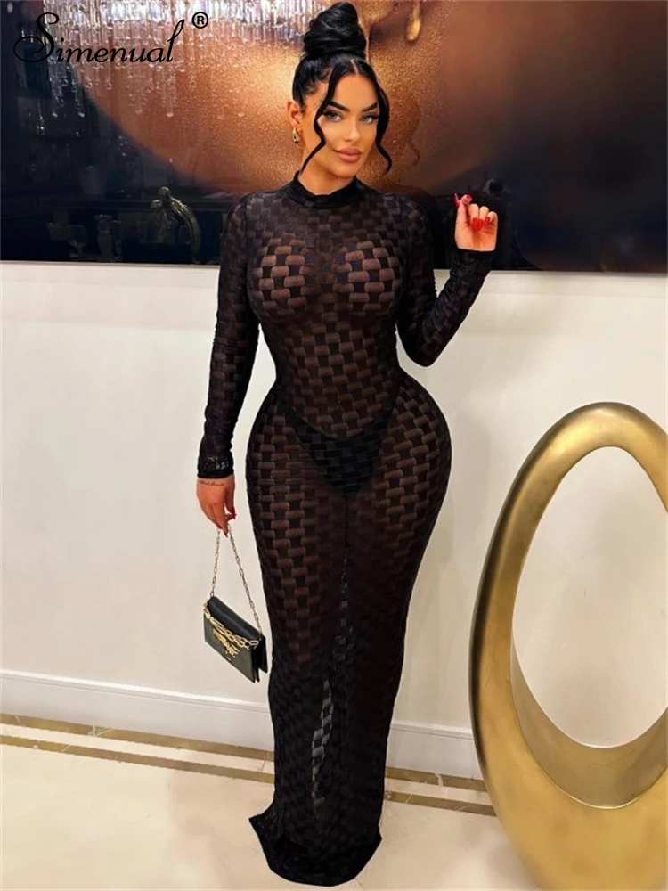 

Simenual Transparent Mesh Maxi Dresses Hotsweet Patchwork Bodycon Party Dress Sexy Women Hollow Out Clubwear Slim Outfits 2023