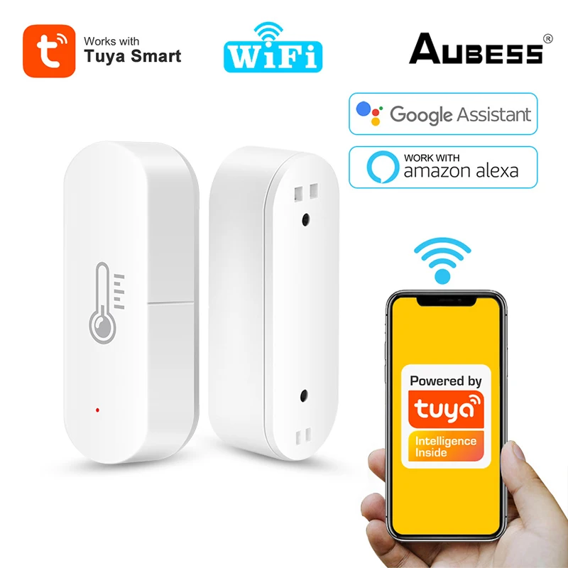 

Умный Wi-Fi датчик температуры и влажности Aubess Tuya, комнатный гигрометр, контроллер, управление через приложение, сигнализация для Alexa Google Home