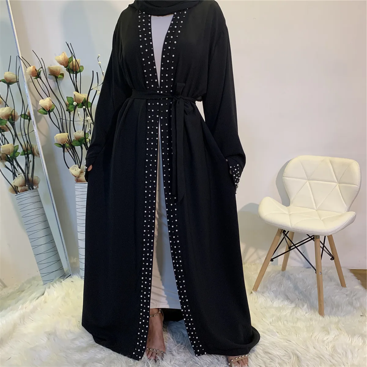 

Women Muslim Dress Open Abaya Dubai Kaftan Turkish Clothing Beads Caftan Marocain Abayas Loose Arab Lace-up Big Swing Long Robe