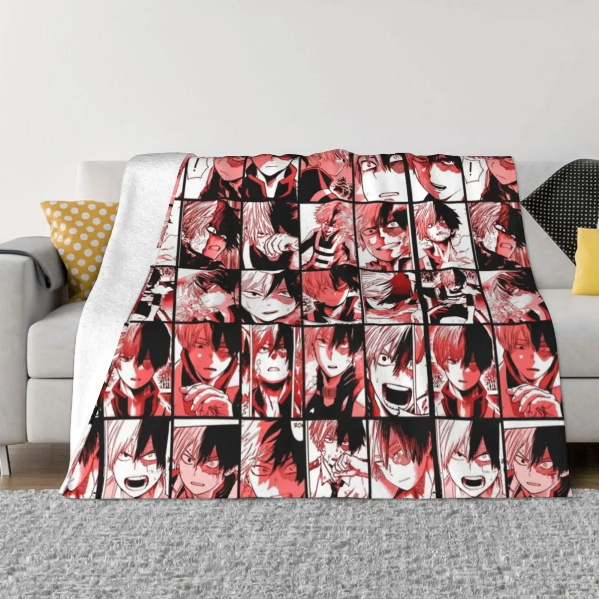 

Todoroki Shoto Collage Velvet Throw Blankets Boku No My Hero Academia Anime Blankets for Bedding Bedroom Ultra-Soft Quilt