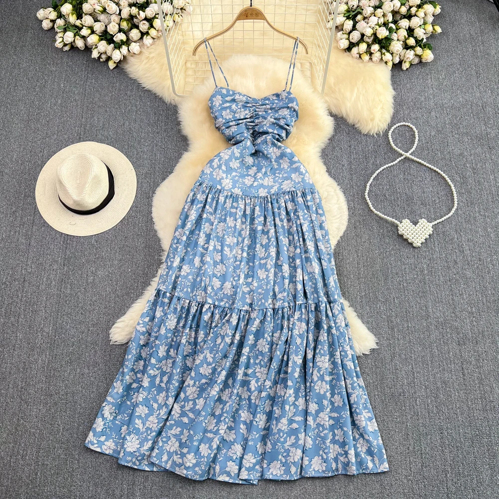 

French Beach Women Summer Long Split Dress Ladies Casual Flower Tight Waist Sleeveless Backless Mid-length swing Floral Dress