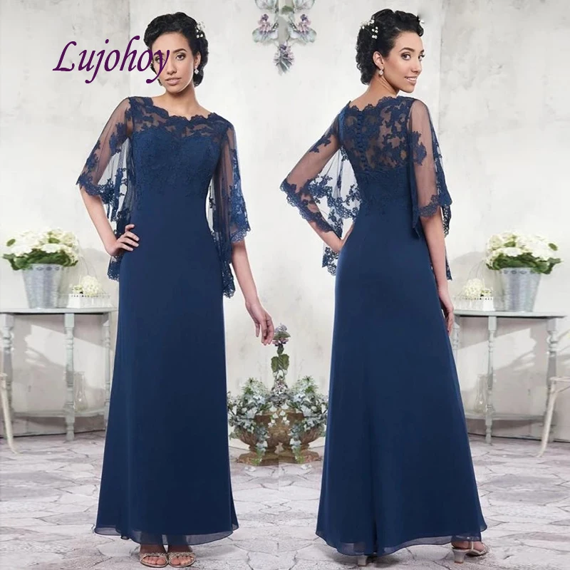 

Navy Blue Long Lace Mother of the Bride Dresses with Cape Plus Size for Weddings Formal Godmother Groom Dinner Dresses Gowns