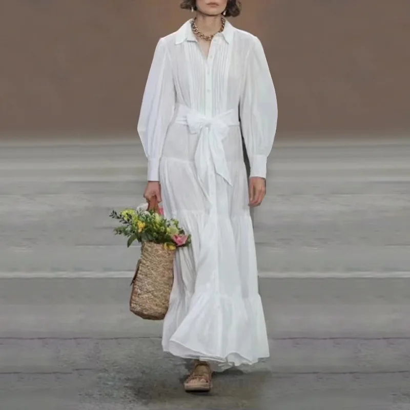 

Runway Style Solid Color Maxi Long Dress 2022 Spring Autumn New Turn Down Collar Ruff Sleeves Stitching Ruffle Dress Office Lady