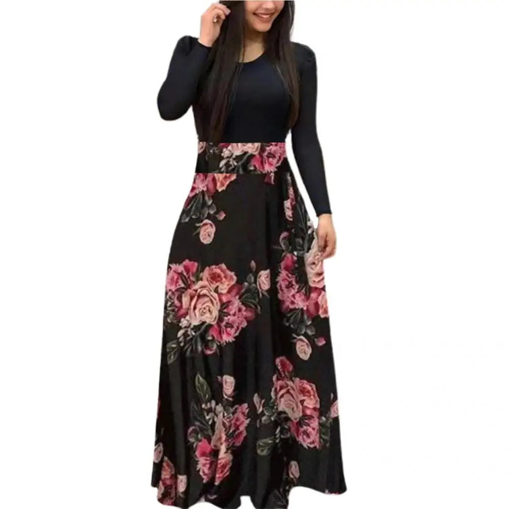 

Popular Women Dress Floral Pattern Sexy Maxi Dress Printed Crew Neck Dress