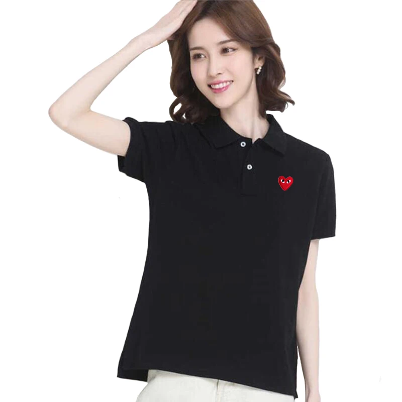 Men Women POLO Shirt Cotton Heart Eyes Embroidery Lapel Button Pullovers Loose Solid Couple Summer Shirts |