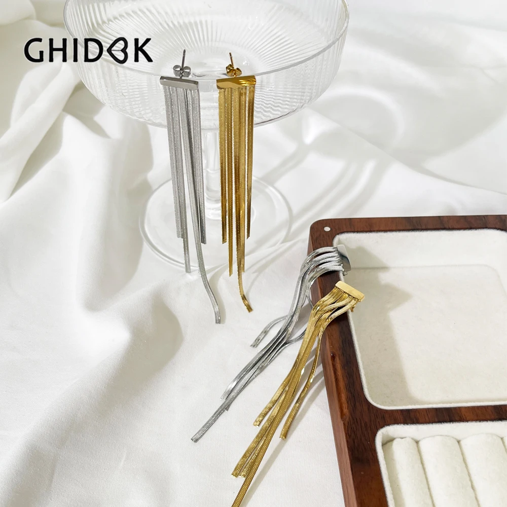 

GHIDBK 18K Gold Pvd Plated Stainless Steel Tassel Earrings for Women Herringbone Chain Long Fringe Earrings Free Tarnish