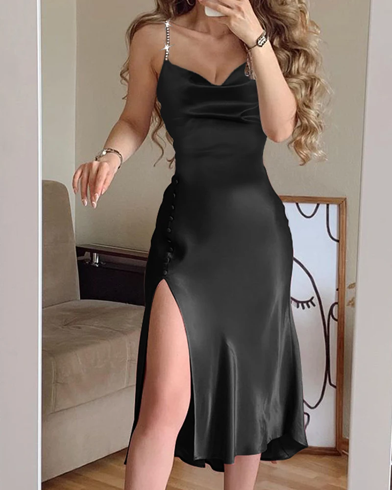 

Femme Fashion Buttoned Robe Summer Women Studded Strap High Slit Mid Dress Lady Outfits Evening Sundress Vestidos 2022 Prom Wear