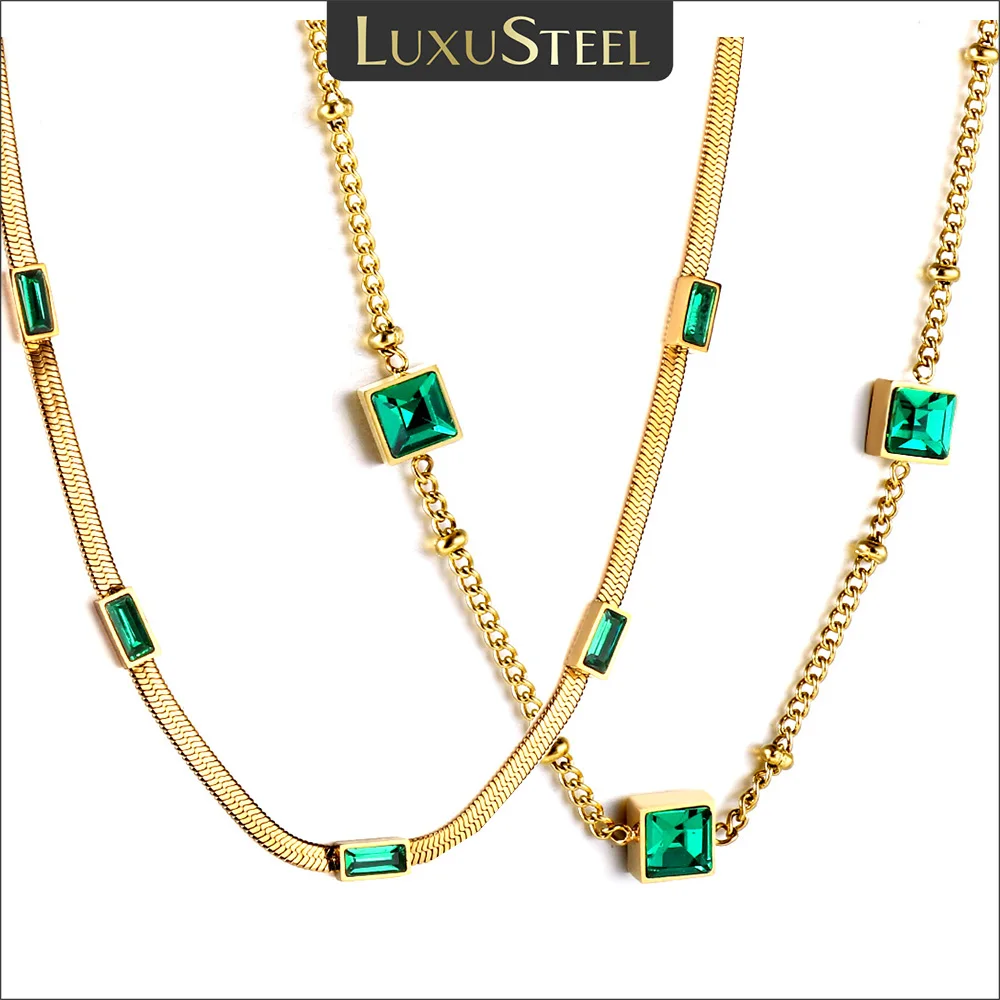 

LUXUSTEEL Stainless Steel Cubic Zircon Pendant Necklace For Women Girls Elegant Green Stone Crystal Charm Snake Chain Choker