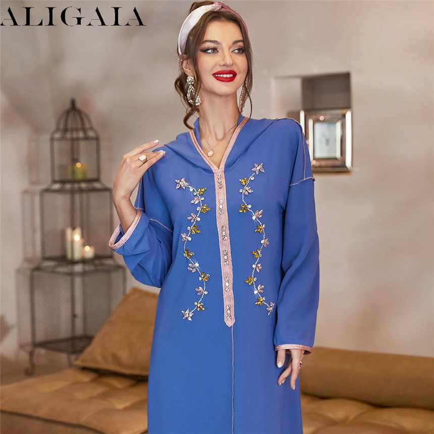 

Aligaia Diamonds Solid Blue Hooded Vestidos Women Hoodie Dresses Casual Long Sleeve Stylish Islamic Abayas Feminine Clothes 2022