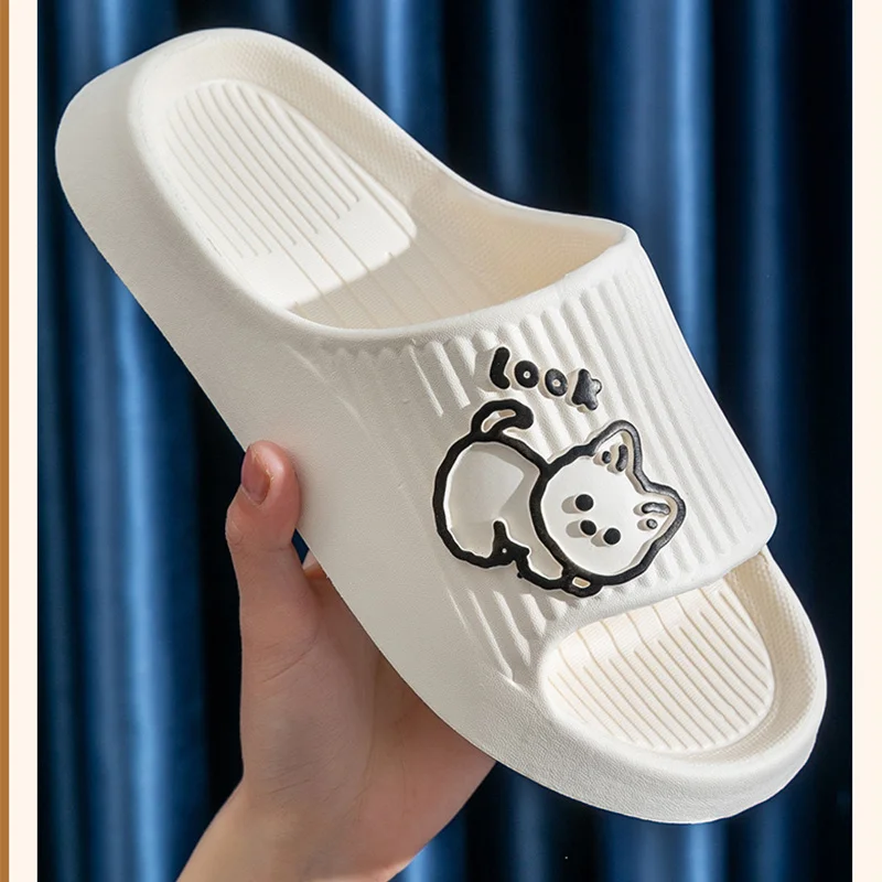 

New Cute Cartoon Cat Slippers Women Summer Non-Slip Couple Slides Thick Home Slippers Indoor Bathroom Flip Flops Beach Sandals