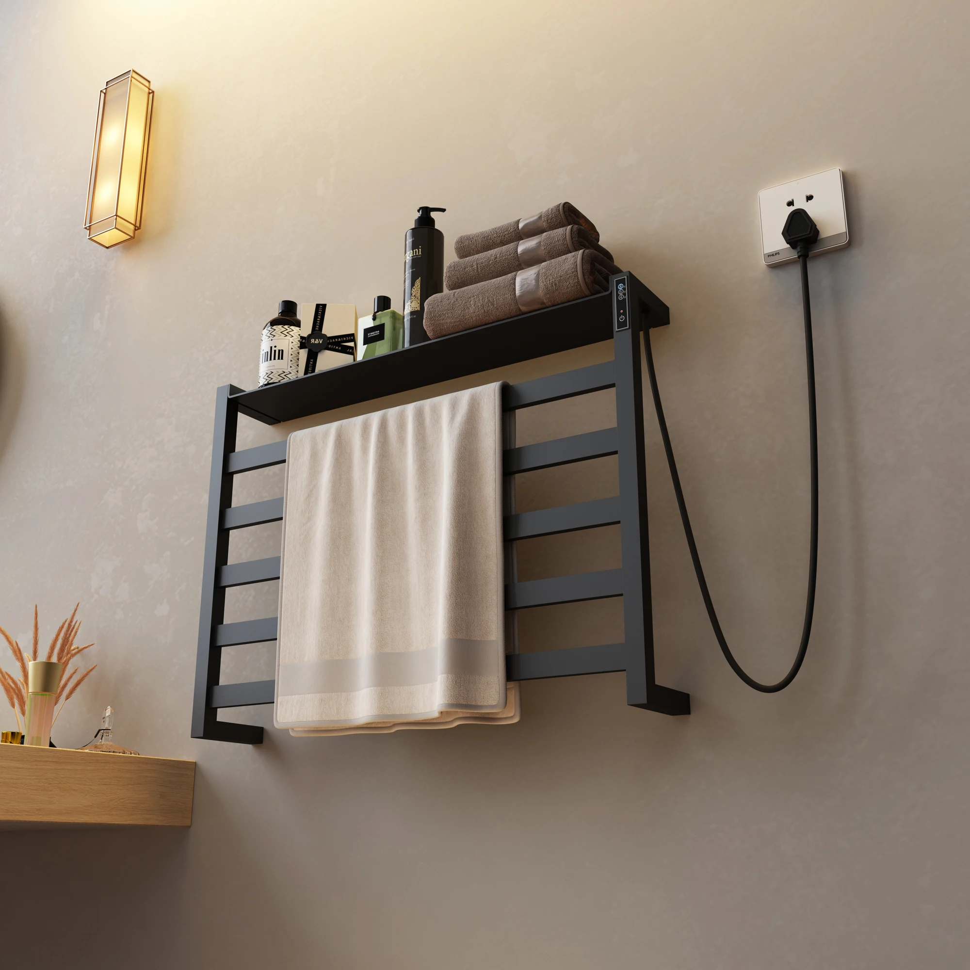 

R-108 Electric Towel Rack Drying Rack Black Bathroom Rack High value, low price and easy installation