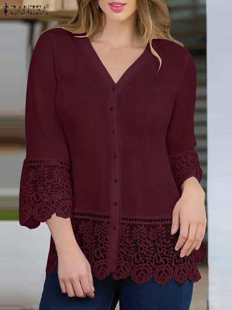 

Summer V Neck 3/4 Sleeve Lace Crochet Blouse ZANZEA Fashion Casual Solid Patchwork Blusas Women Elegant Shirt Work Tops Tunic