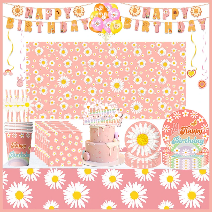 Украшение на день рождения с изображением ромашки бумажная посуда тарелка