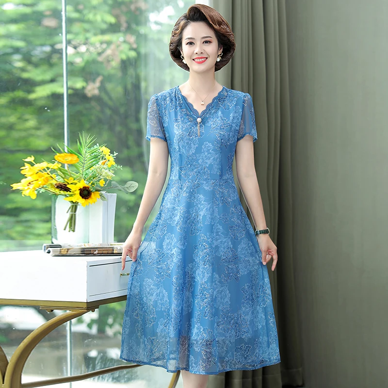 

2022 Women Summer Floral Dresses Middle Age Mother Short sleeve Chiffon Mesh Dress Plus Size V-neck Casual Party Beach Vestidos