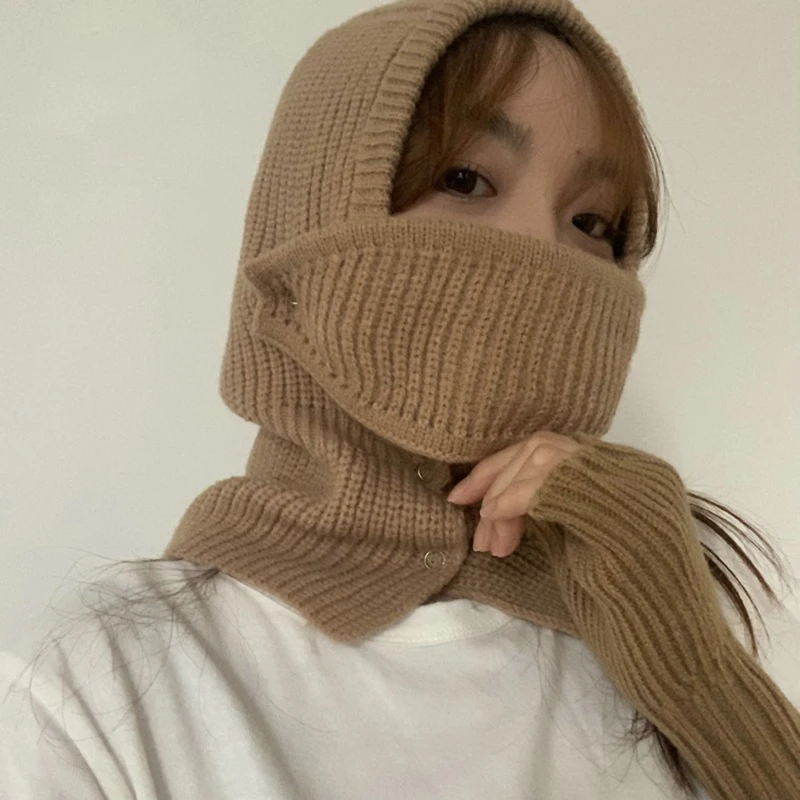 

Cap Pure Color Warm Keeping Neck Protection Hooded Pullover Button Snap Knitted Cover Hoodie Neck Warmer Hat