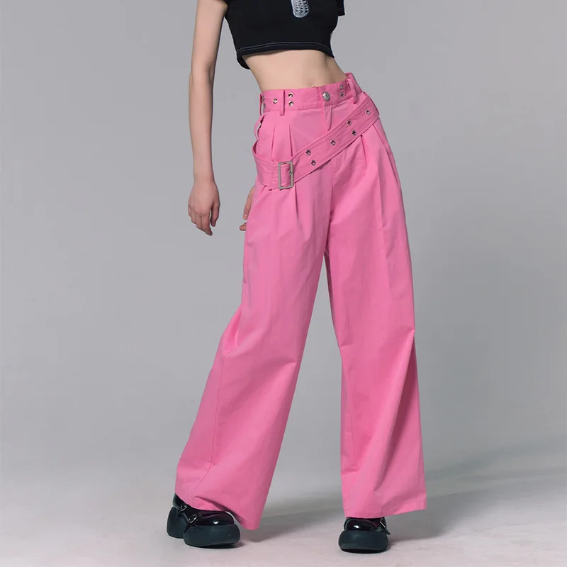 2022 Summer New Design Sense Belt Decoration Hot Girl Y2K High Waist Loose Casual Wide Leg Pants Straight Trousers Women