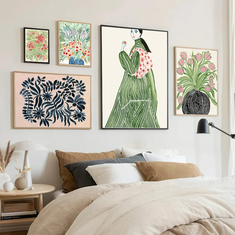 Ваза с тюльпанами и огнями Женское пальто цветочные плакаты зеленые абстрактные