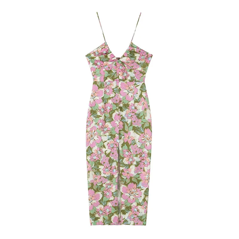 

YENKYE 2023 Women Sexy Backless Linen Blend Floral Print Dress Thin Straps V Neck Front Slit Female Midi Holiday Summer Dresses