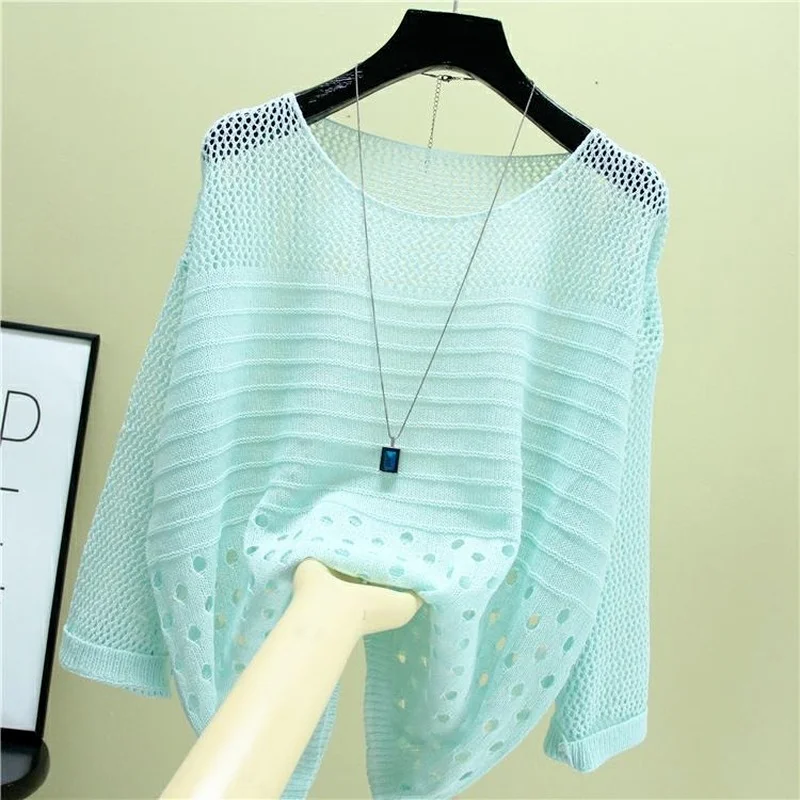 Spring and Summer Hollow Out White Shirt Ice Silk Knitted Thin Bottoming Sling Streetwear Womens Clothing Vest Top Blouse 13686