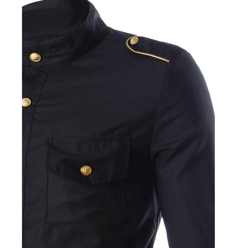 New2022 Fashion Autumn Tuxedo Shirts Gold Button Solid Epaulet Three Quarter Sleeve Black Slim Fit Multi-Pocket Dress Shirt