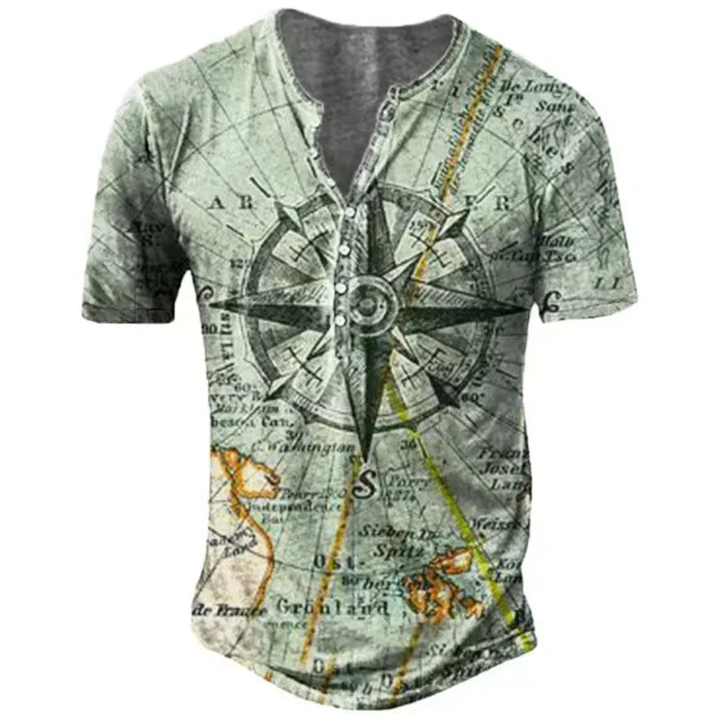 

Retro Men's Henley Shirt Compass Print Graphic Button-Down Summer Cotton Short Sleeve Tops Casual Tees Oversized T Shirt For Men