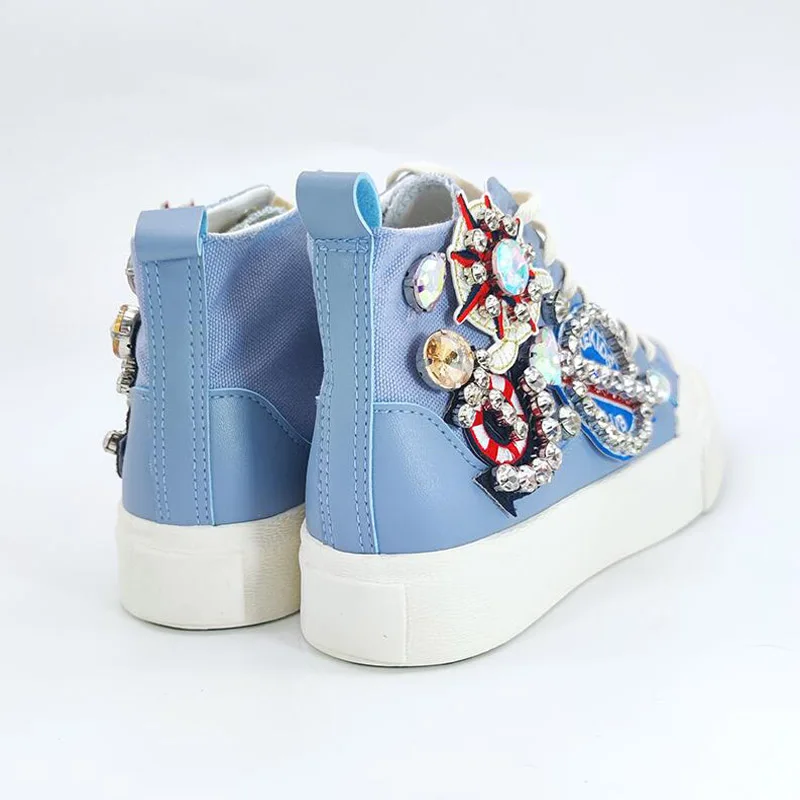 New Spring Autumn Blue High-top Student High Quality Rhinestone Women Lace Up Casual Canvas Rubber Female Flat Shoes BB20-22