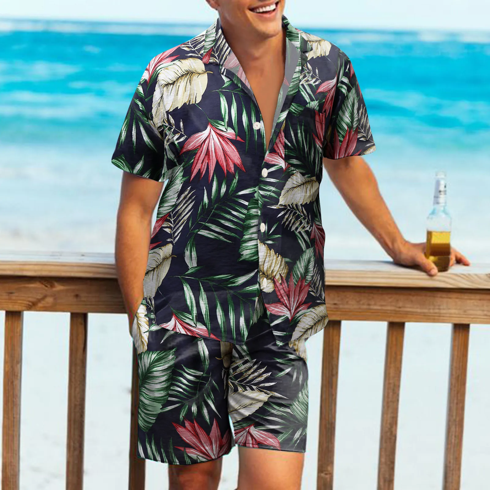 

Костюм мужской летний из 2 предметов, Пляжная рубашка с коротким рукавом и шорты, модный костюм для отдыха и путешествий, 8 цветов