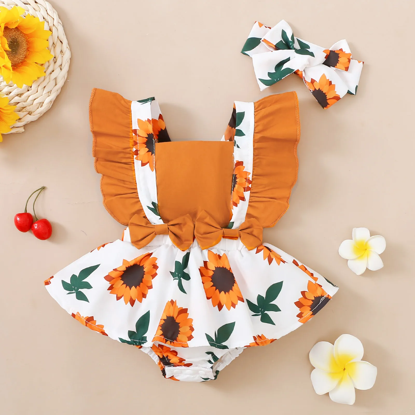 

Baby Girl Clothes Infant Girl Jumpsuit Bow Headband Floral Printed Backless Ruffles Bodysuit For Newborn Summer Outfit 2022