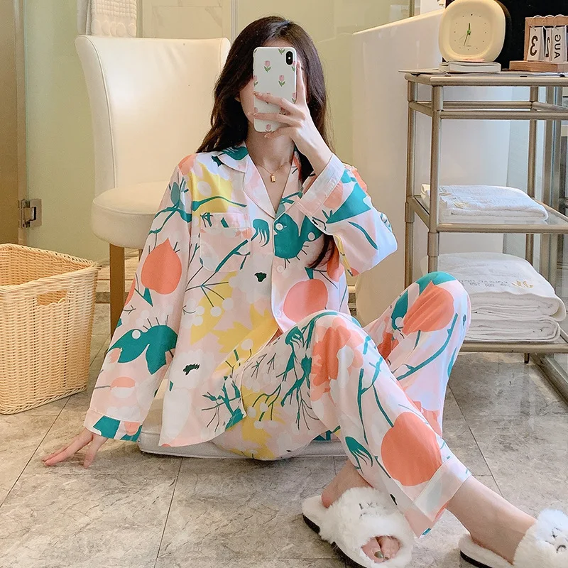Autumn and Winter New Cotton Silk Pajamas Women's Long-sleeved Trousers Large Size Two-piece Suit Girl Cute Lace Home Service